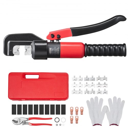 VEVOR Hydraulic Crimping Tool with 9 Sets of Dies AWG12-2/0 Copper And Aluminum Terminal Battery Lug Crimper, with a Cutting Pliers, Gloves, 5pcs Copper Ring Connectors, 8pcs Heat Shrink Sleeves DLYJQTLDLAWG16PK0V0