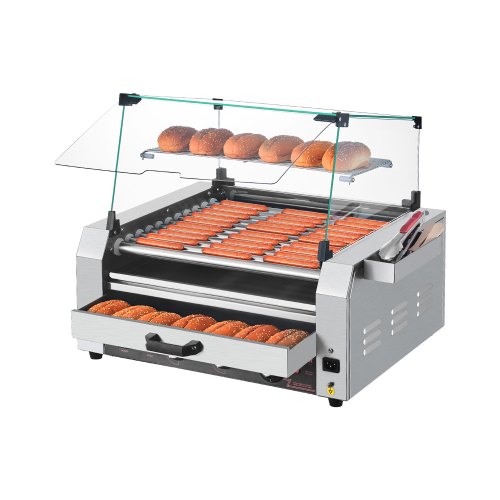 VEVOR Hot Dog Roller, 30 Hot Dog 11 Rollers, Stainless Steel Sausage Grill Cooker, 2400W Hot Dog Machine with Bun Warmer, Cover, 3 Temp Control, Side Storage Box, Oil Drip Tray, for Home & Commercial