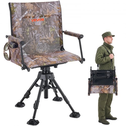 Vevor 360° Silent Swivel Hunting Chair, 350 lb Blind Chair, Adjustable Legs, Foldable Portable Ground Stool Seat, Breathable Teslin Mesh, Wide Duck Feet, Armrests with Storage Bag & Shoulder Strap