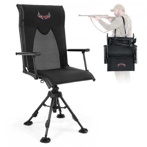 VEVOR 360° Silent Swivel Hunting Chair, 350 lb Blind Chair, Adjustable Legs, Foldable Portable Ground Stool Seat, Extra-Wide Seat, High Backrest, Camo Teslin, Wide Feet & Shoulder Strap