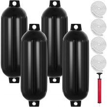 VEVOR Boat Fender 8.5 x 27 inches Black Boat Protection Pack of 4 Ribbed Twin Eyes Boat Fender Bumper and Pump to Inflate