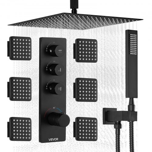 

VEVOR Shower Faucet Set, 16 Inch Thermostatic Ceiling Mount Rainfall Shower System with 6 Body Jets and Handheld Spray, Rotatable 3-Function Rain Head Complete Brass Valve and Trim Kit, Matte Black