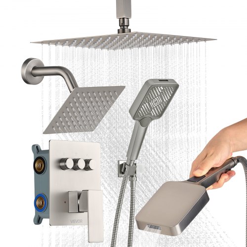 VEVOR Shower Faucet Set, 305 mm Ceiling Mount Rainfall Shower System with 152 mm Wall Mount Head and 4 in 1 Handheld Spray, Rotatable 3-Function Dual Rain Head Brass Valve & Trim Kit, Brushed Nickel