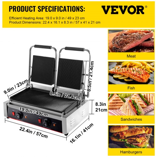 Commercial Panini Press Grill Electric Grill Griddle 3600W Double Grooved Plates 