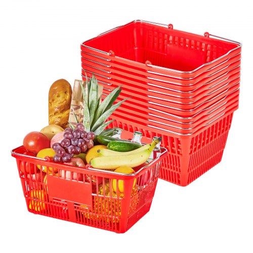 

VEVOR Shopping Baskets, 12 PCS, 21L Stackable PE Plastic Grocery Baskets with Metal Handles, Dense Mesh Structure, Holds up to 20 lbs, Portable for Grocery, Retail, Stores, Supermarket, Home Use, Red
