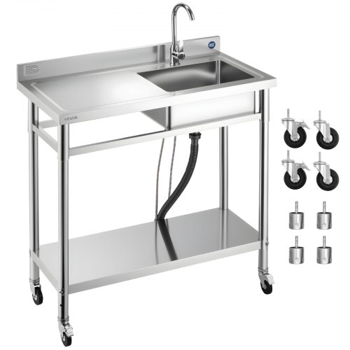 

VEVOR Stainless Steel Utility Sink, Rolling Single Bowl Commercial Kitchen Sink with Wheels, Faucet and Hot & Cold Water Pipe, Utility Basin Workbench for Garage Restaurant Laundry 39.4 x 19.7 x 41.5 in
