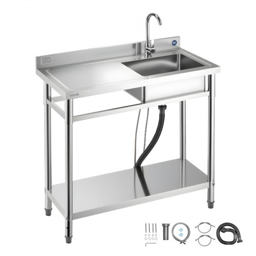 VEVOR Stainless Steel Utility Sink, Free Standing Single Bowl Commercial Kitchen Sink with Faucet, 39.4 x 19.7 x 37 in, Utility Left Basin with Hot & Cold Water Pipe for Garage, Restaurant, Laundry