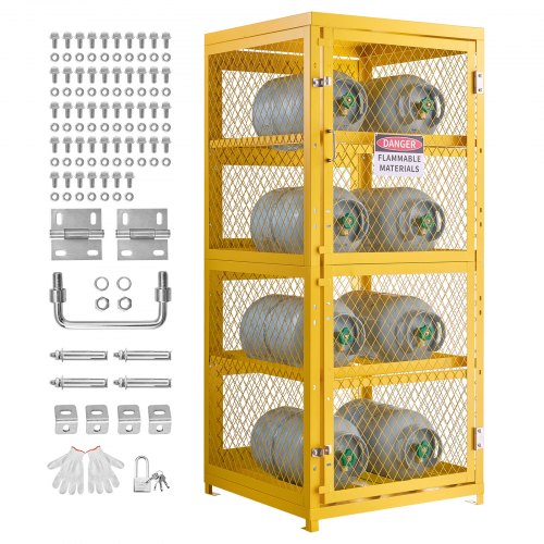 

VEVOR Horizontal Cylinder Storage Cabinet, 30"L x 30"W x 70.3"H, 8 Cylinder Capacity, 4-Tier Propane Storage Cage, with Lock and Keys, Yellow Powder-Coated Carbon Steel, for Propane, Oxygen, Nitrogen