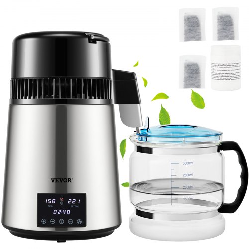 

VEVOR 1.1Gal Water Distiller, 0.4Gal/H, Distilled Water Maker Machine 1750W 0-99H Timing Dual Temp Display, 304 Stainless Steel Countertop Distiller Glass Carafe Cleaning Powder 3 Carbon Packs, Silver