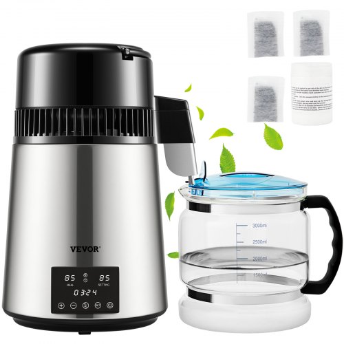 

VEVOR 1.1Gal Water Distiller, 0.3Gal/H, 750W Distilled Water Maker Machine 0-99H Timing Dual Temp Display, 304 Stainless Steel Countertop Distiller Glass Carafe Cleaning Powder 3 Carbon Packs, Silver