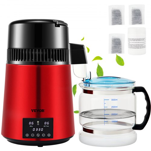 

VEVOR 1.1Gal Water Distiller, 0.3Gal/H, 750W Distilled Water Maker Machine 0-99H Timing Dual Temp Display, 304 Stainless Steel Countertop Distiller Glass Carafe Cleaning Powder 3 Carbon Packs, Red