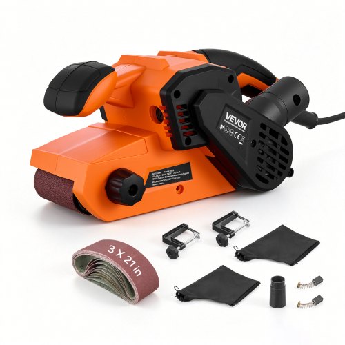 VEVOR 750W Belt Sander 7.6 x 53.3 cm Woodworking Belt Sander 6 Speeds 630-1200 FPM, 2-in-1 Handheld & Benchtop Sanding Machine with 2 Dust Bags, 10PCS Sanding Belts & 2 Clamps for Woodworking Projects