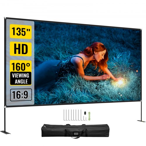 

VEVOR Movie Screen with Stand 135inch Portable Projector Screen 16:9 4K HD Wide Angle Projector Screen with Stand Easy Assembly with Storage Bag for Both Indoor and Outdoor Use