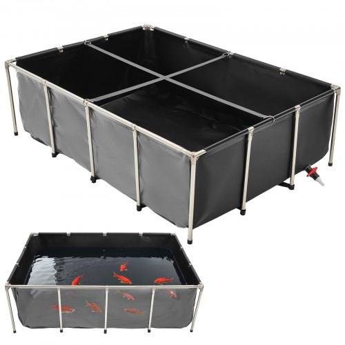 

VEVOR Canvas Fish Pond, 470 Gal Above Ground Fish Pond, PVC Koi Tank with Clear Viewing Panel, Rectangular Goldfish Tank with Stainless Steel Frame & Drain Valve, for Breeding Koi, Irrigation(Black)