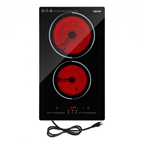 

VEVOR Electric Cooktop 12inch 2 Burners Portable Stove Top 1800W 120V, Ceramic Countertop/Built-in Radiant Electric Stove, with 9 Power Levels, Timer, Child Lock, Over-Heat Guard, Touch Control