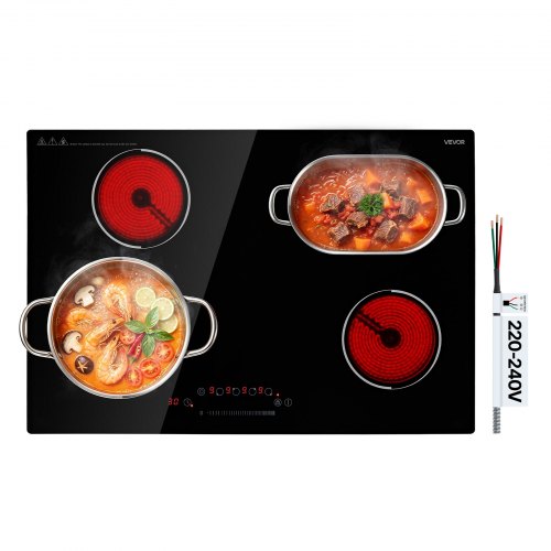 VEVOR Electric Cooktop 30inch 4 Burners Stove Top 7000W 220V No Plug, Ceramic Built-in Radiant Electric Stove , with 9 Power Levels, Timer, Child Lock, Over-Heat Guard, Touch Control