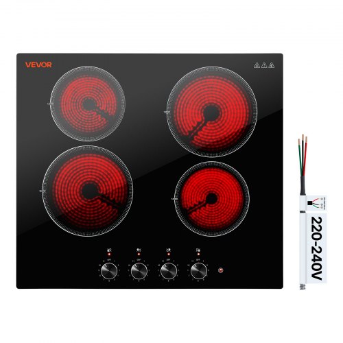 

VEVOR Electric Cooktop 24inch 4 Burners Stove Top 6000W 220V No Plug, Ceramic Built-in Radiant Electric Stove , with 11 Power Levels, Over-Heat Guard, Knob Control, for Diverse Cooking Requirements