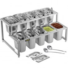 VEVOR Expandable Spice Rack, 13.8"-23.6" Adjustable, 2-Tier Stainless Steel Organizer Shelf with 10 1/9 Pans and 10 Ladles, Countertop Holder for Sauce Ingredients Fruits, for Kitchen and Pantry Use