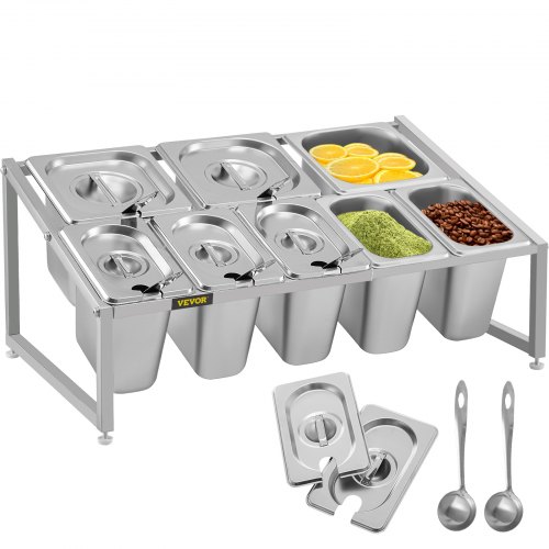 VEVOR Expandable Spice Rack, 13.8"-23.6" Adjustable, 2-Tier Stainless Steel Organizer Shelf with 5 1/9 Pans 3 1/6 Pans, Heavy Duty Countertop Inclined Holder for Sauce Ingredients Fruits Restaurants
