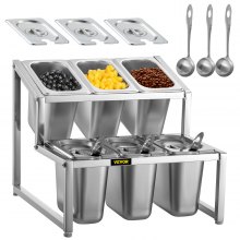 VEVOR Expandable Spice Rack, 13.8"-23.6" Adjustable, 2-Tier Stainless Steel Organizer Shelf with 6 1/9 Pans 6 Ladles, Countertop Inclined Holder for Sauce Ingredients Fruits, for Kitchen Pantry Use