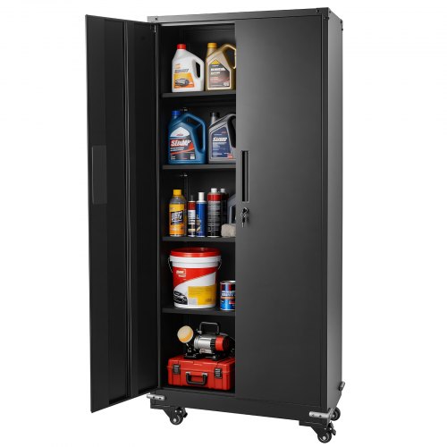 VEVOR Metal Storage Cabinet 72.6 in Rolling Steel Garage Cabinet Black, for Pantry, Warehouse, Basement, Office, 5 Tiers Lockable Tool Storage, with 4 Adjustable Shelves, 2 Magnetic Doors & 2 Keys