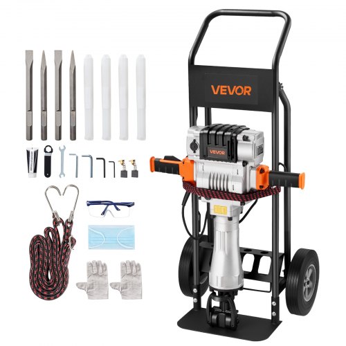 Vevor Demolition Jack Hammer, 2100 W Powerful Electric Jackhammer, 1650 BPM Concrete Breaker With 2 Point Chisels, 2 Flat Chisels, Hand Trolley, Glove-image