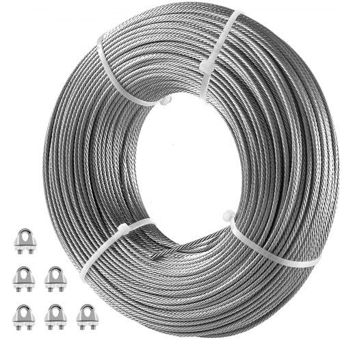 VEVOR Galvanized Steel Cable, 1/8'' Aircraft Cable, 500ft Galvanized Cable 7x7 Construction Steel Wire Cable w/Cable Clamps, 1760lb Breaking Strength for Railing Decking, Lifting, Hanging, Fencing