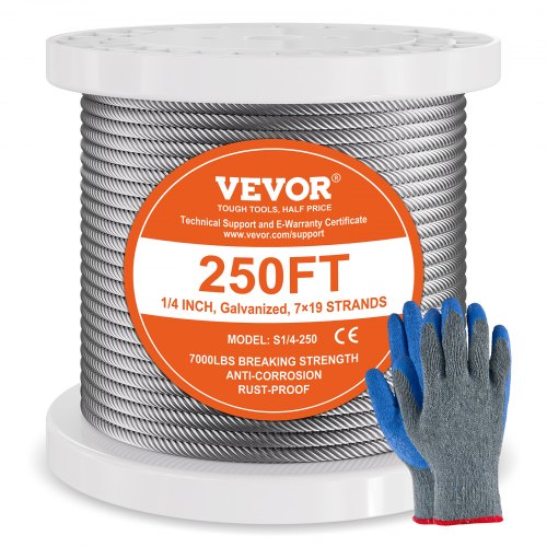 

VEVOR Carbon Steel Cable 6.35 mm 7 x 19 Steel Wire Rope 76.2 m Cable Railing