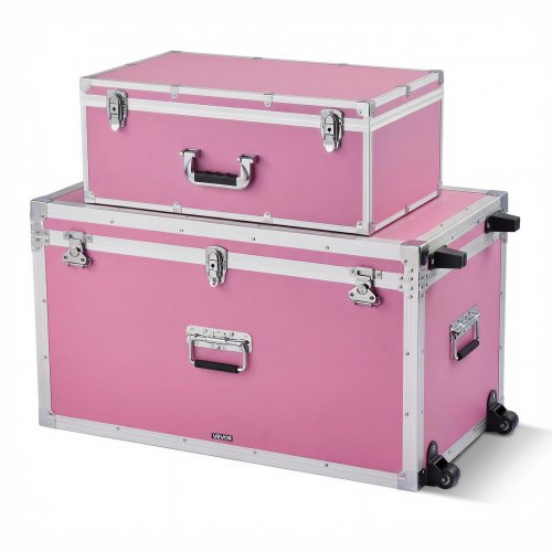 

VEVOR Metal Storage Trunk, Set of 2, Wooden Suitcase Storage Boxes with Padlocks, Large Trunk Includes Casters & 3 Metal Handles, Decorative Store Chest with Lids for Travel, Apartment, Dorm, Pink