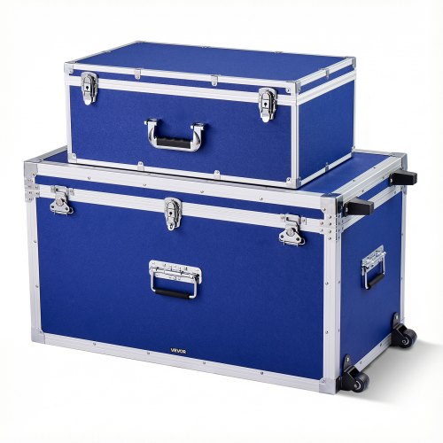 

VEVOR Metal Storage Trunk, Set of 2, Wooden Suitcase Storage Boxes with Padlocks, Large Trunk Includes Casters & 3 Metal Handles, Decorative Store Chest with Lids for Travel, Apartment, Dorm, Blue