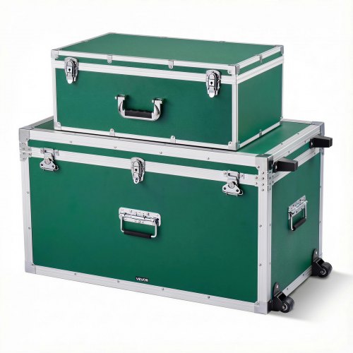 

VEVOR Metal Storage Trunk, Set of 2, Wooden Suitcase Storage Boxes with Padlocks, Large Trunk Includes Casters & 3 Metal Handles, Decorative Store Chest with Lids for Travel, Apartment, Dorm, Green