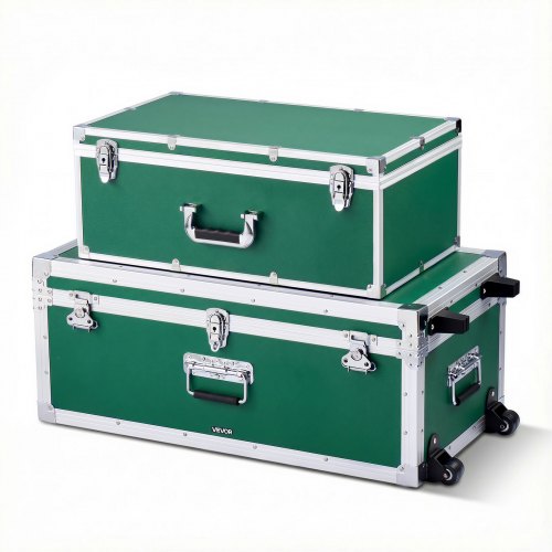 

VEVOR Metal Storage Trunk, Set of 2, Wooden Suitcase Storage Boxes with Padlocks, Large Trunk Includes Casters and 3 Metal Handles, Decorative Store Chest with Lids for Travel, Apartment, Dorm, Green