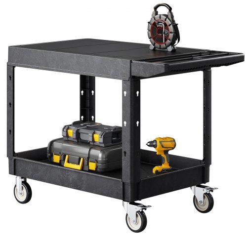 

VEVOR Utility Cart, 550 lbs Load Capacity, 37 x 25.4-inch Service Cart, Two-Shelf Heavy Duty Plastic Utility Cart with 360° Swivel Wheels (2 with Brakes), Suitable for Warehouse, Garage, Cleaning