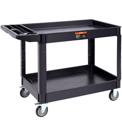 

VEVOR Utility Service Cart, 2 Shelf 550LBS Heavy Duty Plastic Rolling Utility Cart with 360° Swivel Wheels (2 with Brakes), Large Lipped Shelf, Ergonomic Storage Handle for Warehouse/Garage/Cleaning