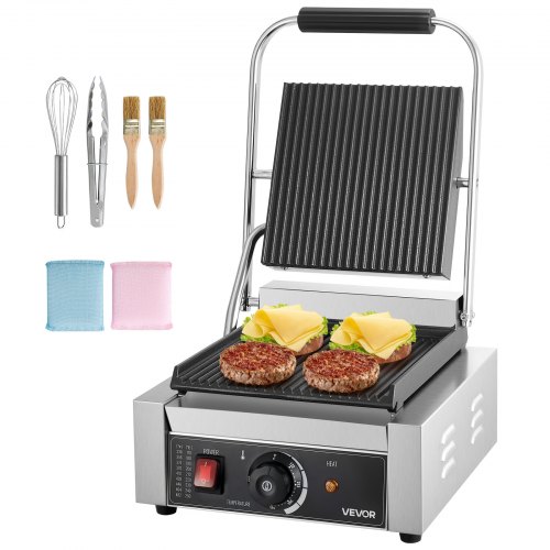 

VEVOR Commercial Panini Grill, 1800W Electric Sandwich Panini Maker, Stainless Steel Sandwichs Press Grill with Handle and Temp Control, 8.8x9 in Full Grooved Enamel Plate for Hamburger Steak Bacon