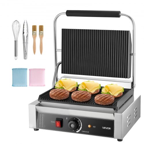 

VEVOR Commercial Panini Grill, 1800W Electric Sandwich Panini Maker, Stainless Steel Sandwichs Press with Handle and Temp Control, 13.5x9.3 in Full Grooved Enamel Plate, for Hamburger Steak Bacon