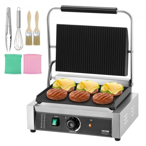 VEVOR Commercial Panini Grill, 2200W Electric Sandwich Panini Maker, Stainless Steel Sandwichs Press Grill with Handle and Temp Control, 34x23 cm Full Grooved Enamel Plate, for Hamburger Steak Bacon