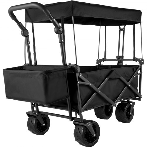VEVOR Collapsible Wagon Cart Black Foldable Wagon Cart Removable Canopy 600D Oxford Cloth Collapsible Wagon Oversized Wheels Portable Folding Wagon Adjustable Handles for Beach, Garden, Sports