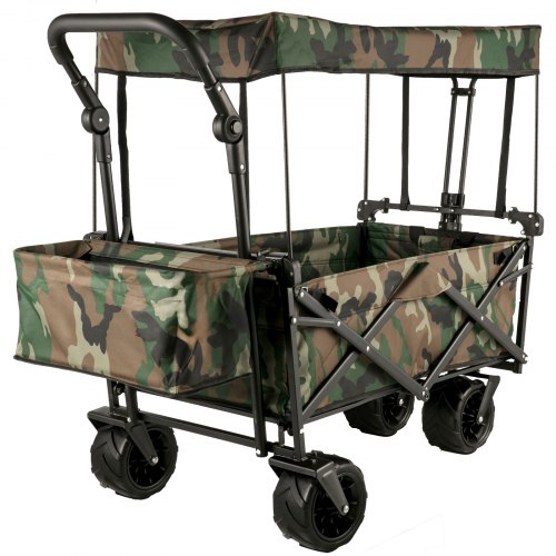 

VEVOR Collapsible Folding Wagon with Removable Canopy, Heavy Duty Foldable Wagon Utility Cart for Garden, Camping, Grocery Cart, Beach Wagon Cart with Wheels and Rear Storage, Camouflage