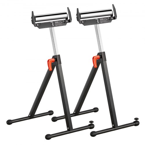 VEVOR 2-Pack Roller Stands, 113 kg/250 lbs Load Capacity, 686mm-1092mm / 27-43 in Adjustable Height, Folding Heavy Duty with Polished Steel Roller Head & Edge Guides, for Table Saw Outfeed Woodworking Extension Support