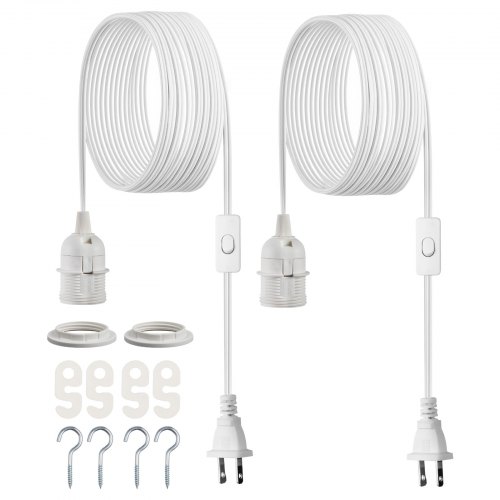 

VEVOR Plug in Hanging Light Cord Kit, 16ft Lantern Extension Cords, 2 Pack E26 Light Socket Lamp Cord Replacement, Secure & Sturdy, Easy to Install, Pendant Lamp Kit On/Off Switch & Socket Rings