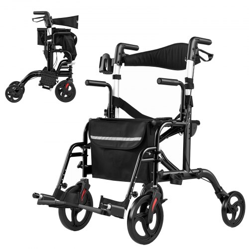Vevor 2-in-1 Rollator Walker & Transport Chair for Seniors, Foldable Rolling Walker Wheelchair, Lightweight Aluminum Mobility Walking Aid with Solid PVC Wheels, Cup & Cane Holder - Supports 300LBS