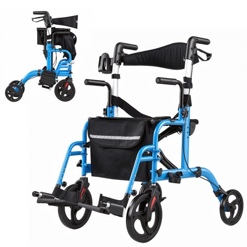 Vevor 2-in-1 Rollator Walker & Transport Chair for Seniors, Foldable Rolling Walker Wheelchair, Lightweight Aluminum Mobility Walking Aid with Solid PVC Wheels, Cup & Cane Holder - Supports 300LBS