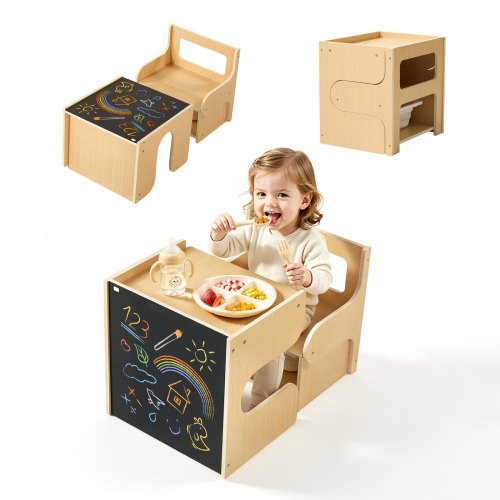 

VEVOR Montessori Weaning Table and Chair Set, Wooden, Kids Table and Chair Set for Toddlers 1-5, Step Stool with Blackboard and Storage Space, Easy to Clean, for Eating, Drawing, Reading, Playing