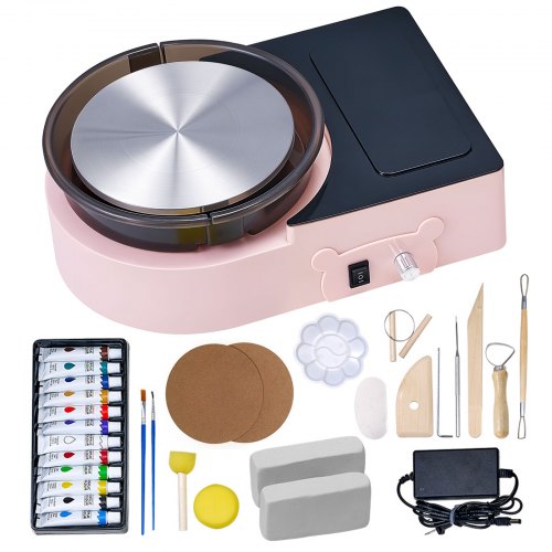 VEVOR Mini Pottery Wheel, 158 mm Turntable, Forward and Reverse Rotation, Adjustable Speed, Electric Clay Wheel for Kids and Adults, with Clay Shaping Tools, for Home DIY, Pottery Classes, Pink