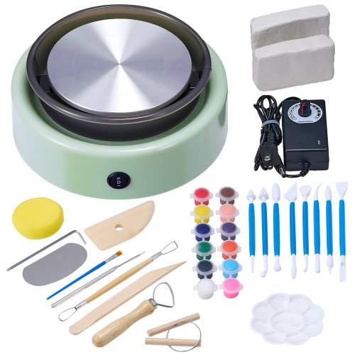 

VEVOR Mini Pottery Wheel, 6 inch Turntable, Forward and Reverse Rotation, Adjustable Speed, Electric Clay Wheel for Kids and Beginners, with Shaping Tools, for Home DIY, Pottery Classes, Green