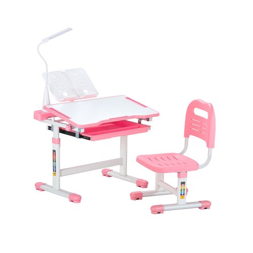 

Kids Chair and Desk Set Table Lamp Adjustable Height & Tilted Desktop Pink