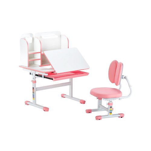 

Kids Study Chair and Desk with Bookshelf & Drawer Height Adjustable Pink