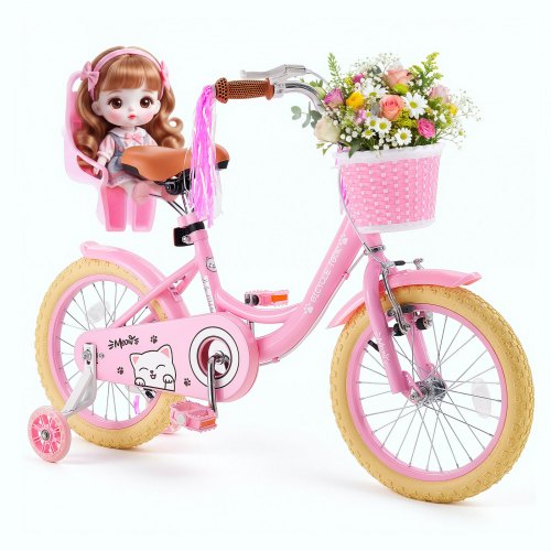 VEVOR Kids Bike, 16 Inch Children Bicycle, Training Wheels Princess Pink, for Girls Ages 4-7, Adjustable Seat, Front Brake and Rear Drum Brake, Front