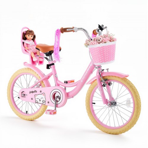 VEVOR Kids Bike, 18 Inch Children Bicycle, Kickstand Princess Style Pink, for Girls Ages 5-8, Adjustable Seat, Front Brake and Rear Drum Brake, Front